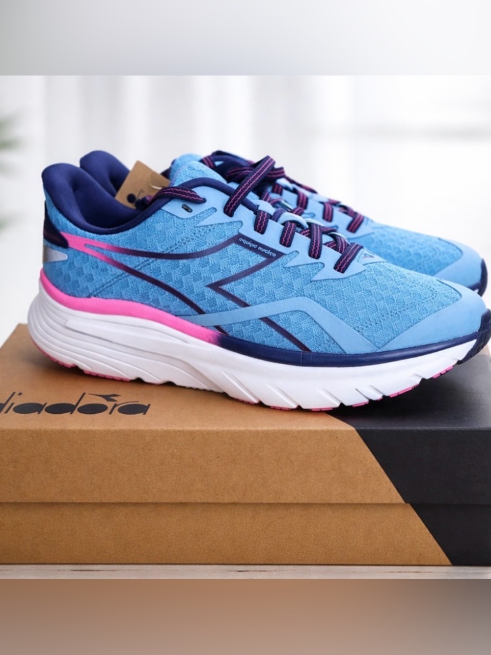 Diadora Women’s Light Blue Athletic Sneakers with Pink Accents